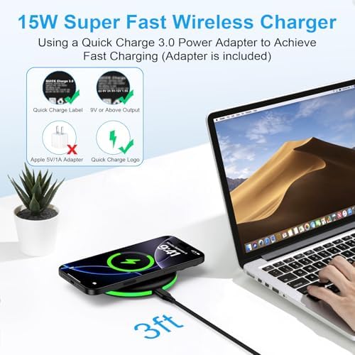 Samsung 15 W Fast Wireless Charger Pad for Galaxy S25 Ultra/S24/S23/S22/S21/S20 & Google Pixel 9 Pro/XL – Rapid Charging Station with Built-in Smart Chip & Case Compatibility for Android Devices – Includes 18 W QC 3.0 Adapter & 3 ft USB-C Cable – Sleek, Portable Design for Home & Travel Usage