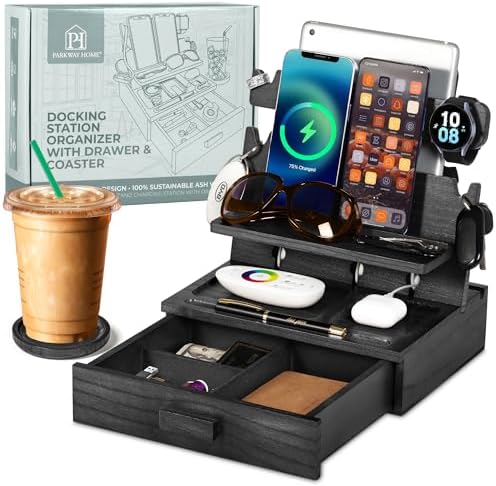 Premium Black Wood Multi-Device Docking Station – Sleek Nightstand Organizer with Hidden Drawer for Valuables, Ideal for Phones, Tablets, Apple Watch, Keys, and EDC Essentials – Streamlined Charging and Elegant Design for Home or Office