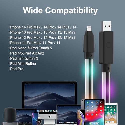 Ultra-Long 10 FT Apple MFi Certified Lightning Charging Cable with LED Indicator – Fast Charge for i Phone 14/14 Pro/Max, 13, 12, 11 Pro Plus, i Pad Pro/Air/Mini, and i Pod Touch – Enhanced Durability and Stylish Glowing Light Feature for Effortless Device Use