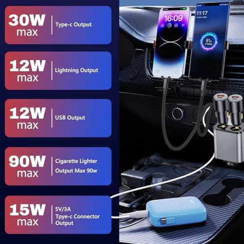 Ultimate 6-in-1 Retractable Car Charger: 159 W Fast Charging for i Phone 15/15 Pro Max, Galaxy, and Pixel – USB-C & Dual Cigarette Lighter Adapters for Multi-Device Convenience and Tangle-Free Storage