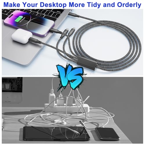 Universal 4-in-1 Braided Charging Cable – 6 Ft (2 M) USB C, Dual Lightning & Micro USB for Fast Charging | Durable, Tangle-Free Multi-Device Charger for i Phone, Galaxy, Tablets & More | Enhanced Speed & Compatibility