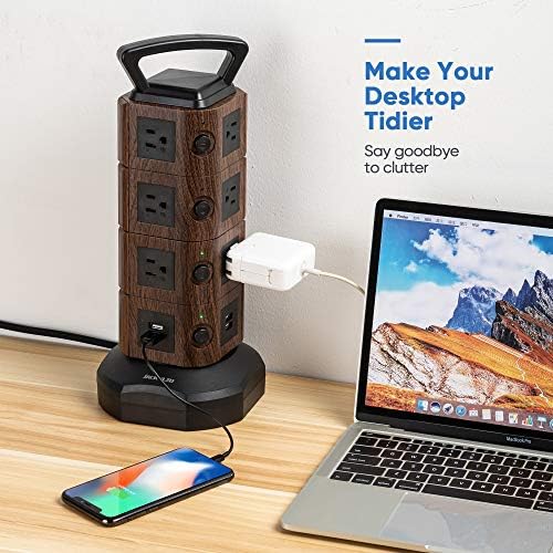 JACKYLED Power Strip Tower Surge Protector with 12 Outlets and 6 USB Ports (2 USB-C) – High-Speed Charging Station with 1050 Joules Protection, 1625 Watts, 6.5 ft Extension Cord for Enhanced Home Office Efficiency and Device Safety