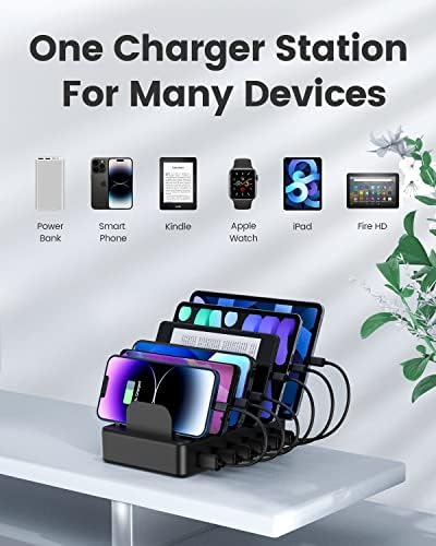 Ultimate 50 W Multi-Device Charging Station with 6 USB Ports & Cables – Space Gray Fast Charging Dock for i Phone, i Pad, Kindle, and More | Efficient Power Hub for Home, Office & Travel – Compact Design with Safety Features