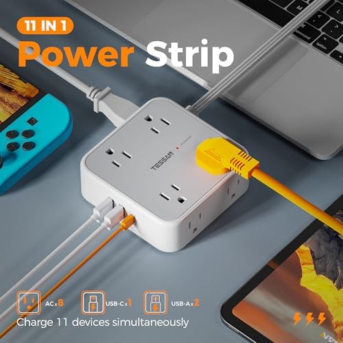 TESSAN 10 FT Flat Plug Surge Protector Power Strip with 8 Outlets and 3 USB Ports – Versatile Desk Charging Station with 900 Joules Protection for Home and Office – Enhanced Safety and Space Efficiency