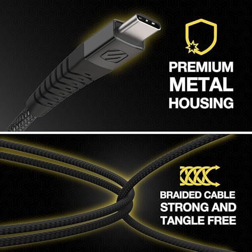Scosche Strikeline 6 ft Premium USB-C Right-Angle Braided Charging Cable – Fast Charge & Sync for Enhanced Device Compatibility – Sleek White/Silver Design for Gamers & Professionals