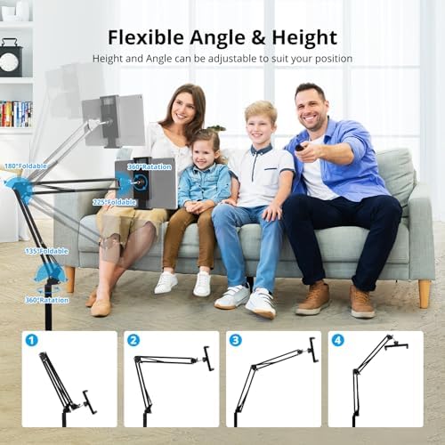 Universal Adjustable Tablet Floor Stand – Versatile 360-Degree Rotating Metal Holder for i Pads, i Phones, and Kindles (4.5-12.9″) – Optimize Your Workspace with a Sturdy, Lightweight Design for Effortless Hands-Free Viewing in Any Setting