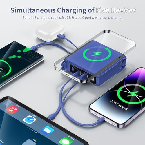 Ultimate 10,000 m Ah Portable Charger with Built-in Cables & AC Plug – PD 22.5 W Fast Wireless Power Bank for i Phone 16/15/14, Samsung S23/S22, Android Devices – Effortless Charging Anytime, Anywhere