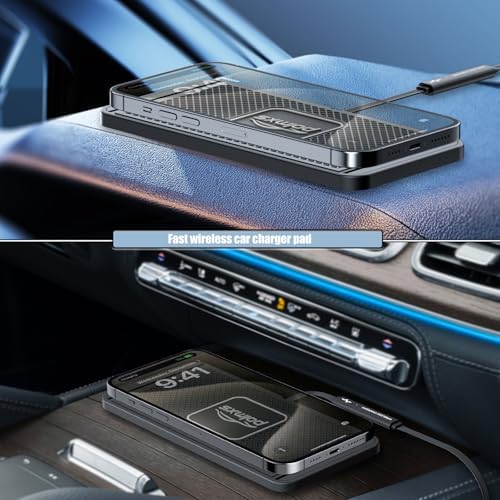 POLMXS 15 W Fast Wireless Car Charger Pad – Ultimate Cordless Charging Solution for i Phone 11-15 & Samsung Galaxy S21-S24 – Compact, Sleek Design with Advanced Safety Features for Hassle-Free Power on the Go