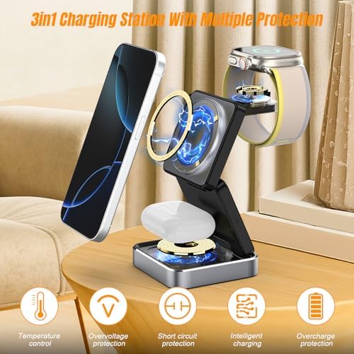 Ultimate 3-in-1 Foldable Wireless Charging Station for Apple Devices: Compact Magnetic Charger for i Phone 16/15/14/13/12/11 Pro Max, Apple Watch Series, and Air Pods – Fast, Safe, and Travel-Friendly Power Hub with Universal Compatibility and Enhanced Speed