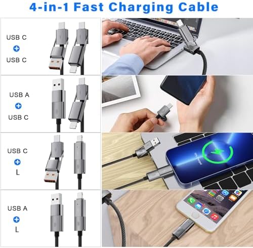 4 in 1 USB C Cable, 2Pack [Upgraded] Multi Fast Charging Cable, PD 65W 27W, 6FT+3FT, Round Braided, Compatible with iPhone/iPad/Samsung/MacBook – Enhanced Compatibility and Speed
