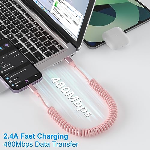 Revolutionize Your Charging Experience with the MFi Certified Pink Coiled i Phone Lightning Cable – 3 FT USB C to Lightning Car Charger for Fast Data Sync and Enhanced Compatibility with i Phone 14, 13, 12, 11 Pro Max, Mini, SE, XS, XR, X, 8, 7, 6, 5 – Tangle-Free and Stylish Accessory for On-the-Go Connectivity