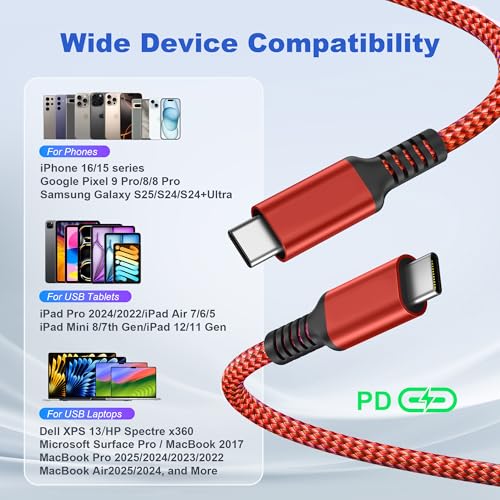 Basesailor 10 ft USB C to USB C Power Delivery Charging Cable – 100 W Fast Charger for i Phone 16/15 Pro Max, Mac Book, i Pad Air 4/5, Mini 6, and Samsung Galaxy S22/S23/S24/S25 – Durable 2 Pack for Enhanced Speed and Efficiency