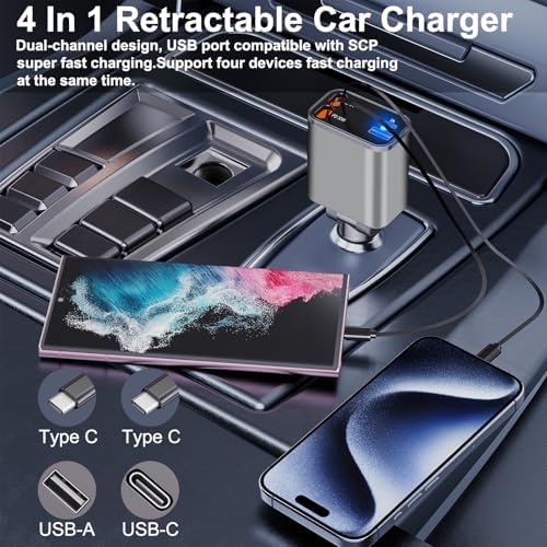 Ultra-Compact 4-in-1 Retractable Car Charger – Dual Type-C and USB Ports, Super Fast Charging for Samsung Galaxy Note Series and More – Multi-Device Convenience for Road Trips and Daily Commutes