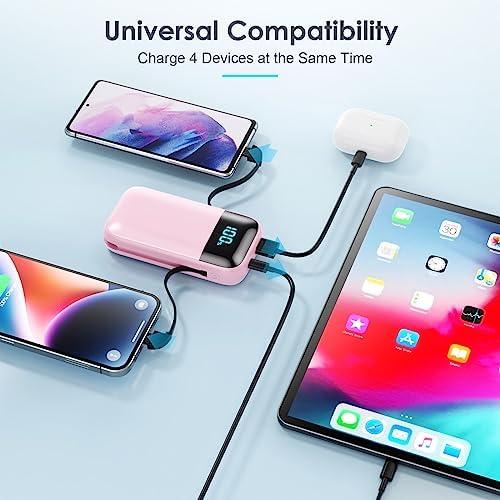 Ultra-Compact 13,800 m Ah Portable Charger with Built-In Cables – PD Fast Charging Power Bank for i Phone 15/14/13/12 & Android Devices – Stylish Pink Design with LCD Display for Real-Time Battery Monitoring – Perfect for Travel and Daily Use – Multi-Device Charging Solution