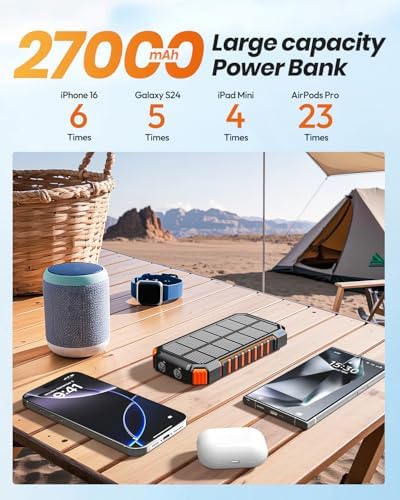 FEELLE 27000 m Ah Solar Power Bank – High-Capacity Portable Charger with 15 W Fast Charging, Dual Built-in Cables, and Emergency Flashlights for Outdoor Adventures – Ideal for Camping and Hiking, Compatible with i Phone and Android Devices
