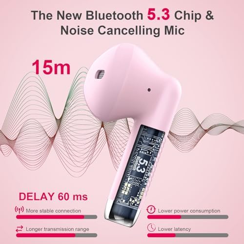 Light Pink Bluetooth 5.3 Wireless Earbuds – Exceptional Noise Cancelling Sports Headphones with IP7 Waterproof Design for Unmatched Outdoor Performance – 32 Hours of Playtime & Quick USB-C Charging for Ultimate Audio Convenience