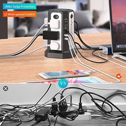 Maximize Power Distribution with the PASSUS Surge Protector Tower – 12 AC Outlets, 5 USB Ports Including 18 W USB C, 10 FT Extension Cord, Space-Saving Flat Plug, Overload Protection for Home and Office Use – Ideal for Multiple Devices and Rapid Charging Solutions