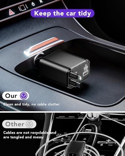 Ultimate 4-in-1 Retractable Car Charger with Dual USB Lightning Ports – 60 W Fast Charging Solution for i Phone 11-16, Tangle-Free 2.6 Ft Cables, Compact Design for Effortless On-the-Go Power Management