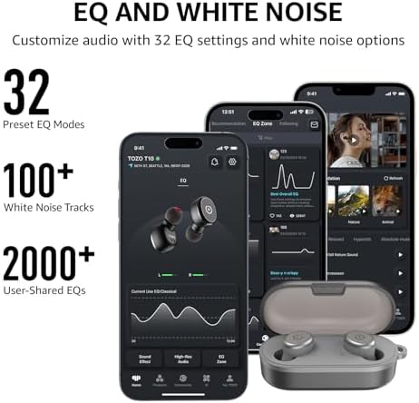 TOZO T10 True Wireless Bluetooth 5.3 Earbuds – 45 Hours of Playtime, IPX8 Waterproof Stereo Headphones with Built-in Mic – Customizable Sound with 32 EQ Settings via App for Enhanced Audio Experience and Seamless Connectivity