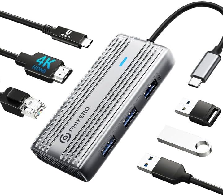 Maximize Your Productivity with the PHIXERO 8-in-1 USB C Adapter: High-Speed 5 Gbps USB 3.0 Hub, 4 K@60 Hz HDMI Output, 1 Gbps Ethernet, 100 W PD Charging, SD/TF Card Reader – Perfect for Mac Book Pro, Air, Surface & More in Sleek Gray Design
