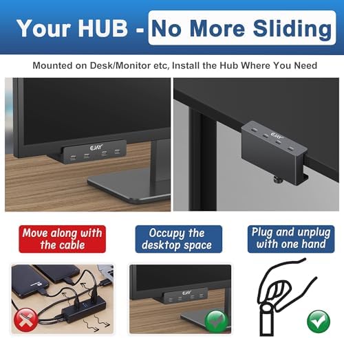 Transform Your Workspace with the EJAY Ultra-Fast 10 Gbps USB C Hub – Premium Aluminum Docking Station Featuring 4 USB 3.2 Ports, Innovative Desk Clamp Design, Additional Power Supply Port, and Extra Long Data/Power Cables for Superior Device Connectivity and Productivity Enhancement