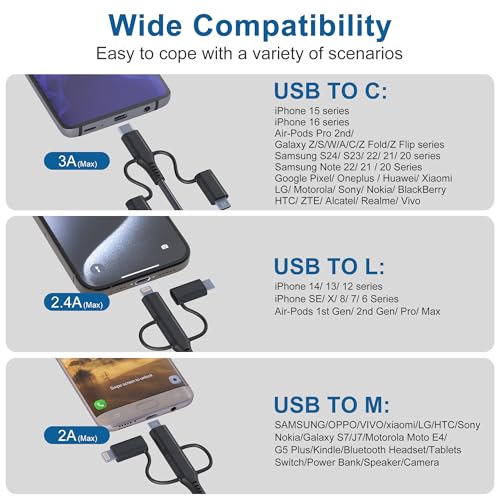 Versatile Coiled USB to USB-C & Lightning Cable Combo for i Phone and Android – MFi Certified Fast Charge & Data Sync up to 3 A – Tangle-Free Design for Apple Car Play & Android Auto Compatibility – Durable, High-Quality Charging Solution for Seamless Connectivity on the Go