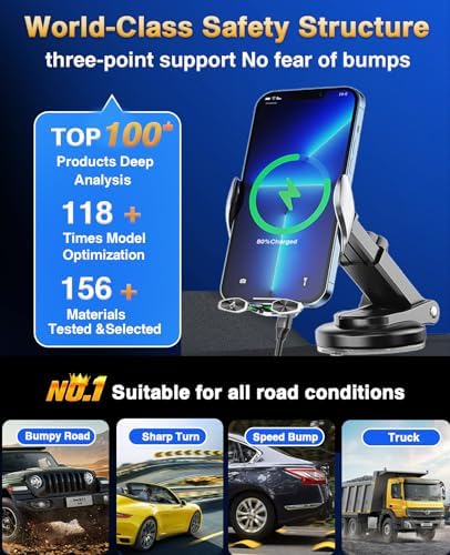 15 W Fast Wireless Car Charger with Auto-Clamping Technology – Ultimate Qi-Compatible Charging Mount for i Phone 15, 14, 13, 12, 11 Pro Max, Samsung Galaxy S23, S22, S21, S20, S10+, S9+, Note 9 – Secure and Convenient Power Delivery for All Road Trips