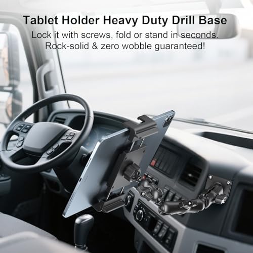 Ultimate Heavy-Duty Tablet Mount for Trucks – Adjustable 2-Stage Drill Base Holder for i Pad & Galaxy Tab (5.1-15.6” Devices) – Secure, Versatile, and 360-Degree Rotatable for Enhanced On-the-Go Visibility and Safety