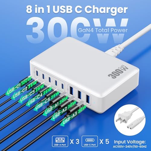 Revolutionary 300 W Ga N IV Technology USB-C Charging Hub – 8-Port Multi-Device Charger for Mac Book Pro/Air, DELL Laptops, i Phone 16/15/14 & Galaxy S25 – Sleek Navy Finish for Enhanced Home & Office Efficiency – Your Premier Solution for Rapid Device Power and Seamless Connectivity