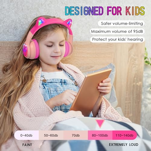 IFECCO Wireless Kids Bluetooth Cat Ear Headphones – Fun Light-Up Design with Volume Limiting Feature, Built-in Microphone, and Foldable Portability for Travel and Learning – Ultimate Gift for Young Music Enthusiasts