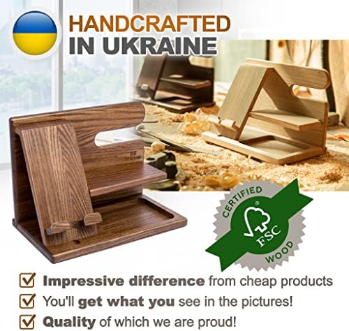 TESLYAR Wood Phone Docking Station for Men – Desktop or Nightstand Organizer – Birthday Gifts for Men, Dad – Anniversary Idea from Wife – Key Holder, Stand Wallet, Watch & Essentials (Antique Brown) – Enhanced Compatibility and Speed