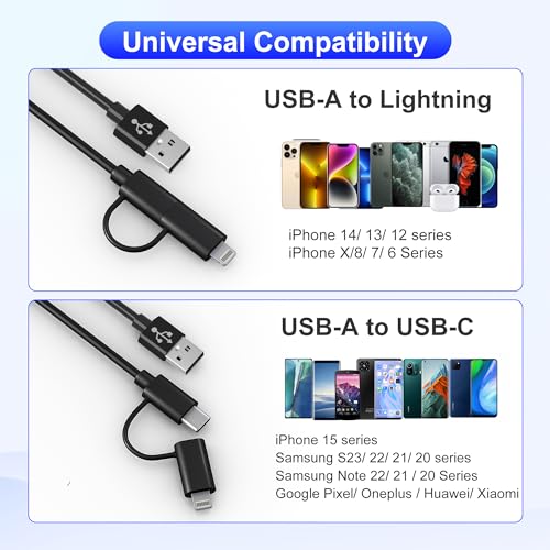 Versatile Coiled USB to USB-C & Lightning Cable Combo for i Phone and Android – MFi Certified Fast Charge & Data Sync up to 3 A – Tangle-Free Design for Apple Car Play & Android Auto Compatibility – Durable, High-Quality Charging Solution for Seamless Connectivity on the Go