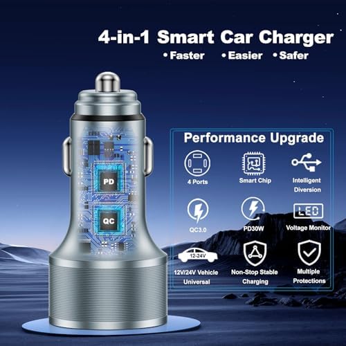 High-Power 65 W USB C Car Charger with 4 Fast Charging Ports, PD30 W Capability, Digital Voltage Display & 2 USB Cables – Ultimate Compatibility for i Phone 16/15/14/13, Samsung Galaxy S25/S24/S23, i Pads & More – Efficient On-the-Go Charging Solution