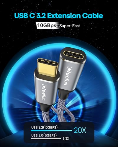 CLEEFUN 10 ft USB C Extension Cable – Unlock 100 W Fast Charging & 5 Gbps Data Transfer with Stunning 4 K Video Sync for Laptops, Tablets, and Phones – Premium Compatibility & Durable Design for Enhanced Connectivity Experience