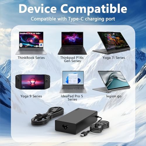 High-Performance 100 W USB-C AC Adapter for Lenovo Laptops – Fast Charging Capability for Think Pad P Series, Yoga Pro 7, and Legion Models – Ultra-Slim, Lightweight Design for On-the-Go Professionals – Reliable Power Supply with Advanced Safety Features and Broad Compatibility