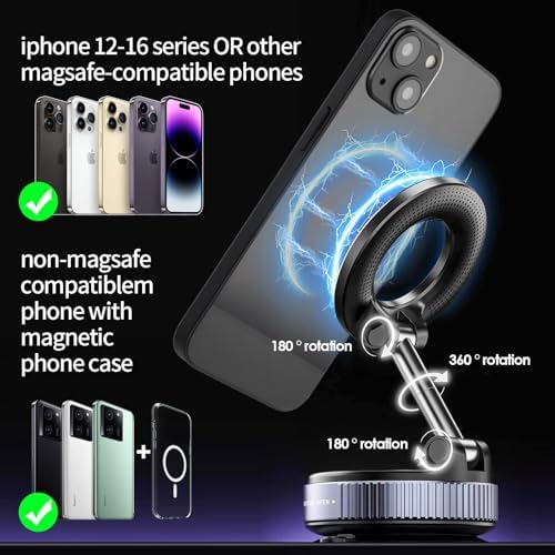 Magnetic Phone Mount 360° Rotatable Suction Holder, MagSafe Compatible for iPhone & Android Devices. Suited for Applications in Car, Kitchens, Mirrors, Gyms, and Other Smooth Surfaces (Black) – Enhanced Compatibility and Speed