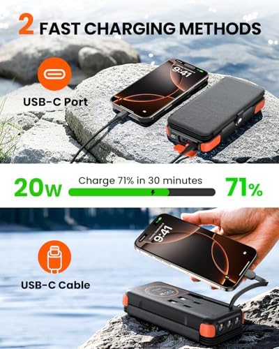 Ultimate SOARAISE 25000 m Ah Solar Power Bank: Fast Wireless Charging with Built-in Cables, Dual USB Outputs, 4 Solar Panels & Triple LED Flashlights for Outdoor Adventures – Reliable Portable Charger for Camping & Emergencies