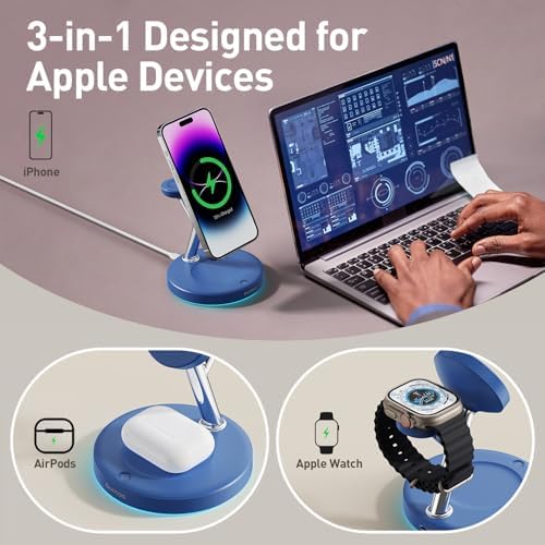 2025 Premium 3-in-1 Wireless Charging Station for i Phone 16, 15, 14, 13, 12 – Mag-Safe Compatible Charger Stand for Air Pods and i Watch – Fast, Efficient Power Hub with Sleek Design and Overcharge Protection for Home or Travel