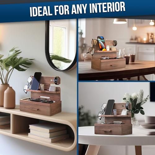 BarvA Phone Docking Station with Drawer Organizer | Night Stand Desk Charging Station | Upgraded Nightstand Organizer | Dresser Smart Watch Earbuds Phone Stand | Room Decor Gifts for Women Men Mom – Enhanced Compatibility and Speed