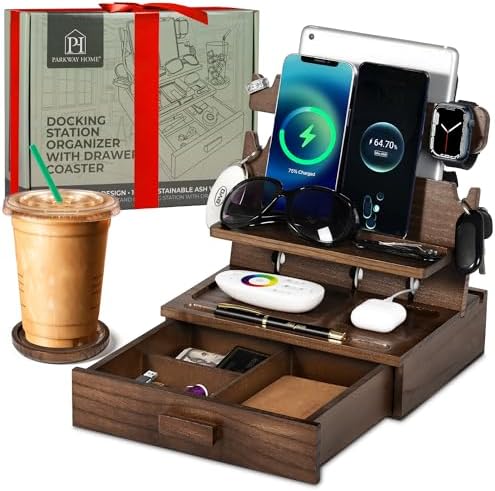 Premium Black Wood Multi-Device Docking Station – Sleek Nightstand Organizer with Hidden Drawer for Valuables, Ideal for Phones, Tablets, Apple Watch, Keys, and EDC Essentials – Streamlined Charging and Elegant Design for Home or Office