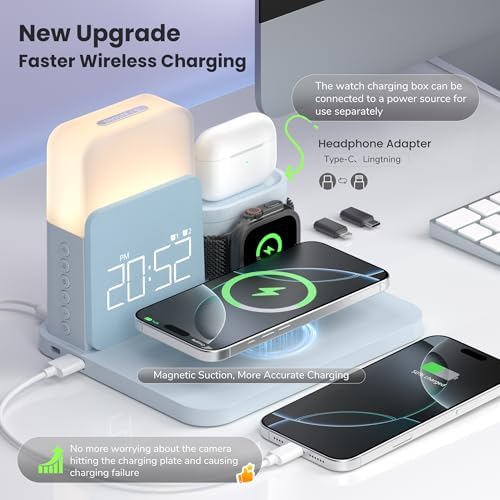 Elevate Your Nightstand with the 7-in-1 Wireless Alarm Clock Charging Station – Fast Mag-Safe Charger for i Phone 12-16 Pro Max, Apple Watch & Air Pods, Features Adjustable Night Light and Sleek Time Display for Ultimate Bedroom Convenience
