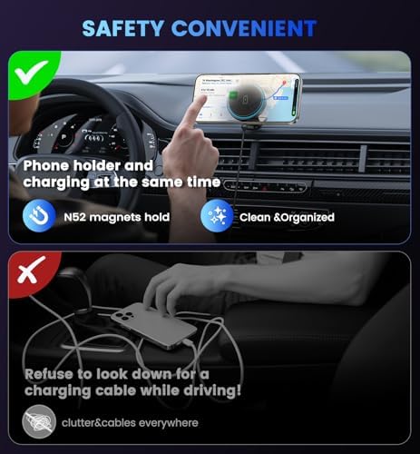 Mag-Safe Car Charger Mount: 15 W Magnetic Wireless Charging Solution for i Phone 12-16 Series – 3-in-1 Multifunctional Holder for Enhanced Navigation and Streaming – Sleek, Durable Design Perfect for Tech Lovers on the Go