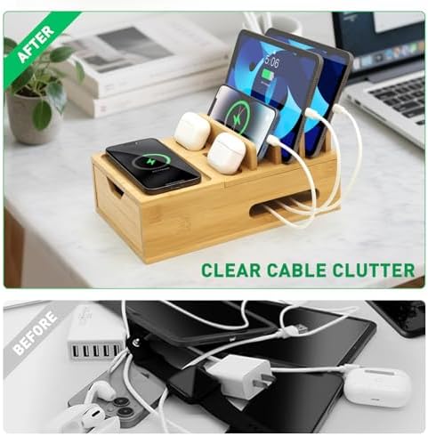 Eco-Friendly Bamboo Charging Station: Multi-Device Docking Organizer with Drawer & Tray, Includes 6 Cables & 5-Port USB Charger for Enhanced Device Compatibility and Fast Charging Solutions, Perfect for Home or Office Use