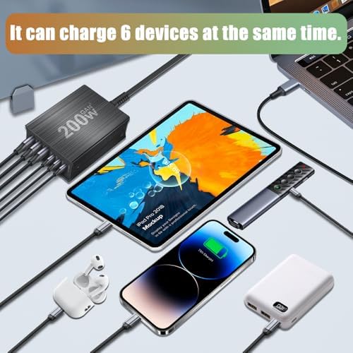 SITONG 200 W Ga N III 6-Port USB-C Fast Charging Hub – Ultimate Multi-Device Power Adapter for Mac Book Pro/Air & i Phone 15/14/13/12/11, Galaxy S24/S23 – Compact, Lightweight Design with Advanced Safety Features for Efficient On-the-Go Charging Solutions