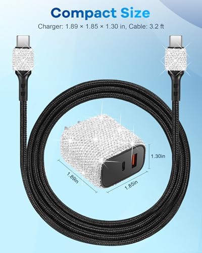 Effortless Power Boost: Bling USB C Wall Charger with 20 W Dual Port Fast Charging Adapter & 3.2 FT Type-C Cable – Universal Compatibility for i Phone 16/15 Pro Max, i Pad, and Samsung Galaxy S23/S22/S21/Note Series – Ultimate On-the-Go Charging Solution for Home & Travel
