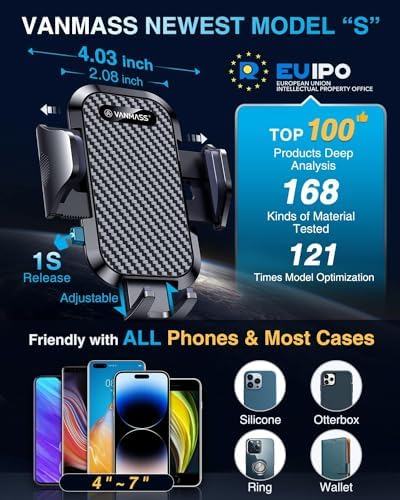 VANMASS Military-Grade Car Phone Holder – Maximum Durability for i Phone 16, 15 Pro Max, 14, 13 & Android Devices – Ultimate Dashboard, Windshield & Vent Mount with Secure Suction & Clip Mechanism for Safe Navigation – 360-Degree Adjustable Viewing for Effortless Access – Heavy-Duty Cell Cradle for Confident Driving