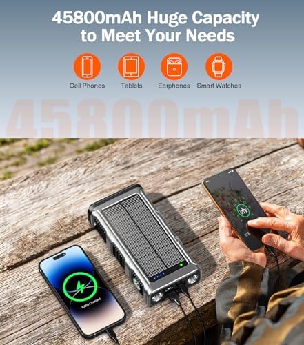 Ultimate 45800 m Ah Solar Wireless Power Bank with Hand Crank & Fast Charging – 7 Outputs, 4 Inputs, SOS Flashlight & Compass for Outdoor Adventures and Emergency Preparedness