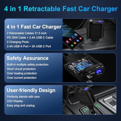 Ultra-Fast 45 W 4-in-1 Retractable Car Charger with Dual Cables for Samsung Galaxy – Optimized Charging for A-Series and S-Series Models, USB A & C Ports, Tangle-Free Design for Ultimate Convenience and Compatibility