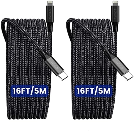 16 Ft Extra Long i Phone Charger Cable – 2-Pack MFi Certified Fast Charging USB-C to Lightning Cords with Durable Nylon Braided Design for i Phone 14/14 Pro/14 Pro Max/13/12, i Pad & Air Pods – Unmatched Flexibility & Reliability in Red