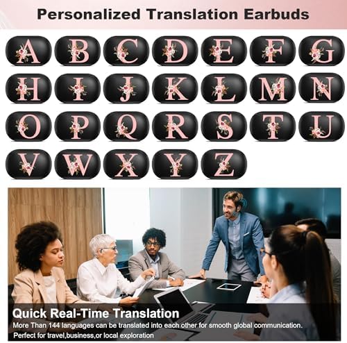 Floral Initial Personalized Wireless Earbuds with Advanced AI Language Translation – Premium Noise Cancelling Bluetooth Headphones for Stylish Communication – Ideal Mother’s Day Gift for Tech Enthusiasts and Culture Lovers